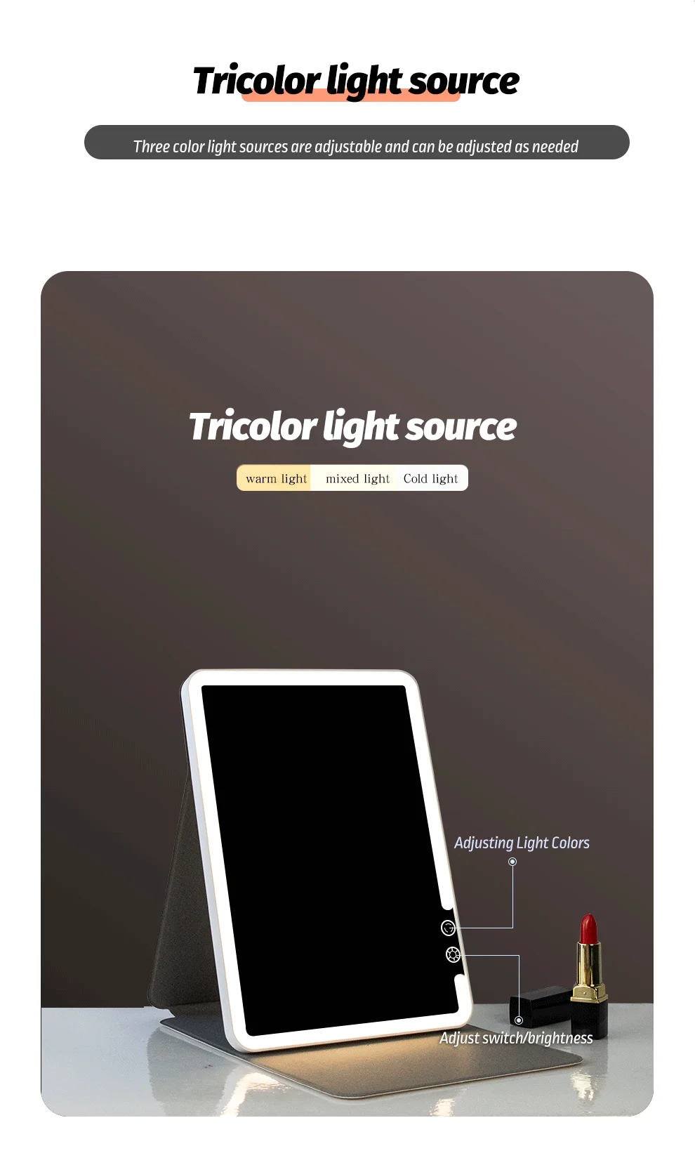 Makeup Mirror Foldable Portable 3-Color Dimmable Lighting Rechargeable Tabletop Folding Vanity Cosmetic Mirror with LED Lights