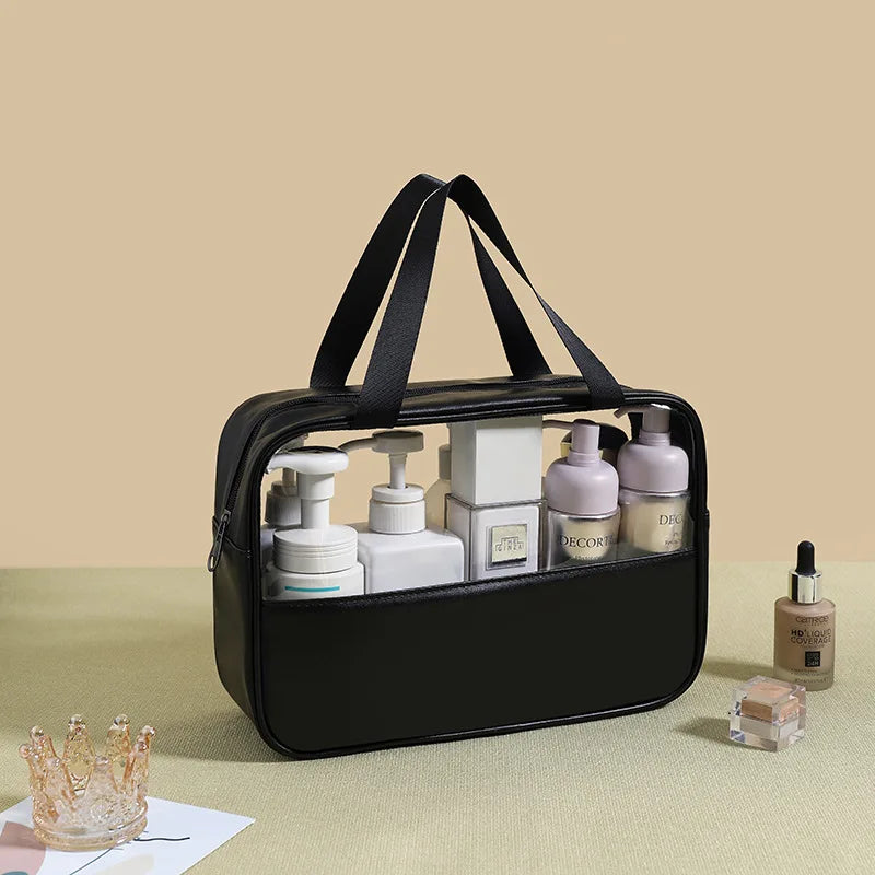 New transparent makeup bag Large capacity waterproof swimming and bathing bag Simple PVC handbag PU splicing bag wash bag