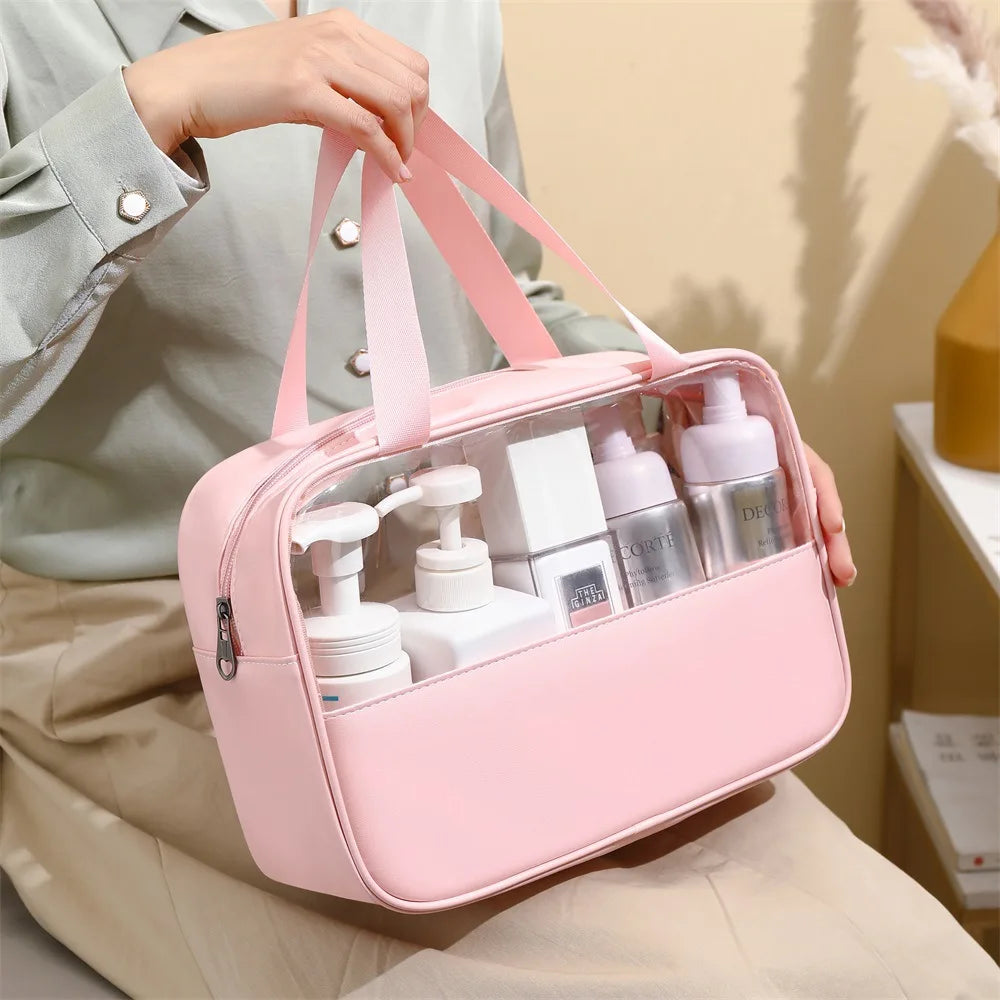 New transparent makeup bag Large capacity waterproof swimming and bathing bag Simple PVC handbag PU splicing bag wash bag