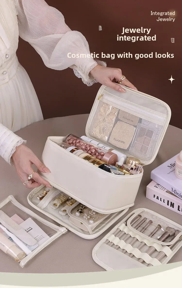 Sac cosmétique de luxe double couche sac de rangement de bijoux de cloison portable grande capacité organisateur de cosmétiques essentiels de voyage