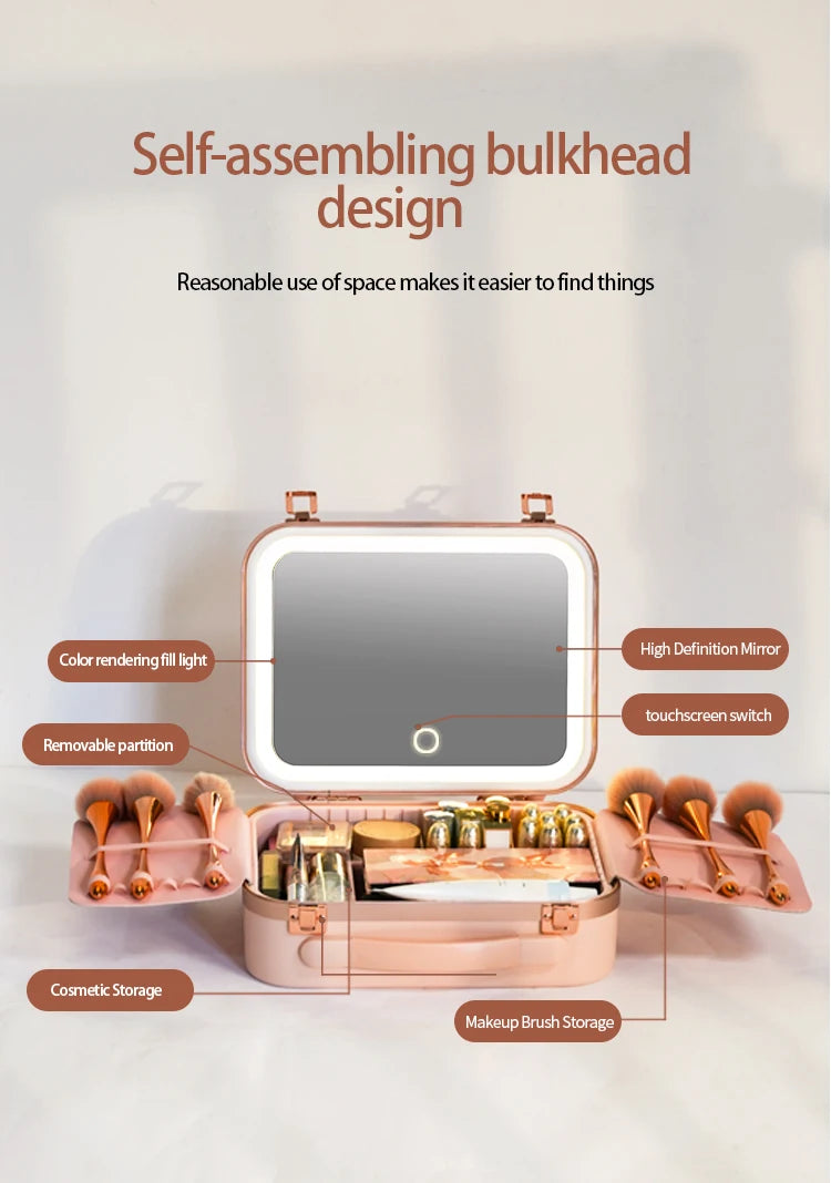 Large Capacity LED Lighted Makeup Case With Mirror Portable Detachable Cosmetic Storage Box Travel Makeup Box Cosmetic Bag