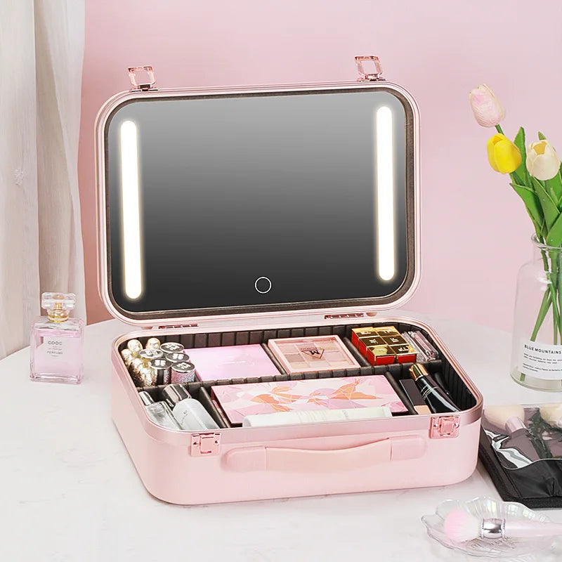 Large Capacity LED Lighted Makeup Case With Mirror Portable Detachable Cosmetic Storage Box Travel Makeup Box Cosmetic Bag