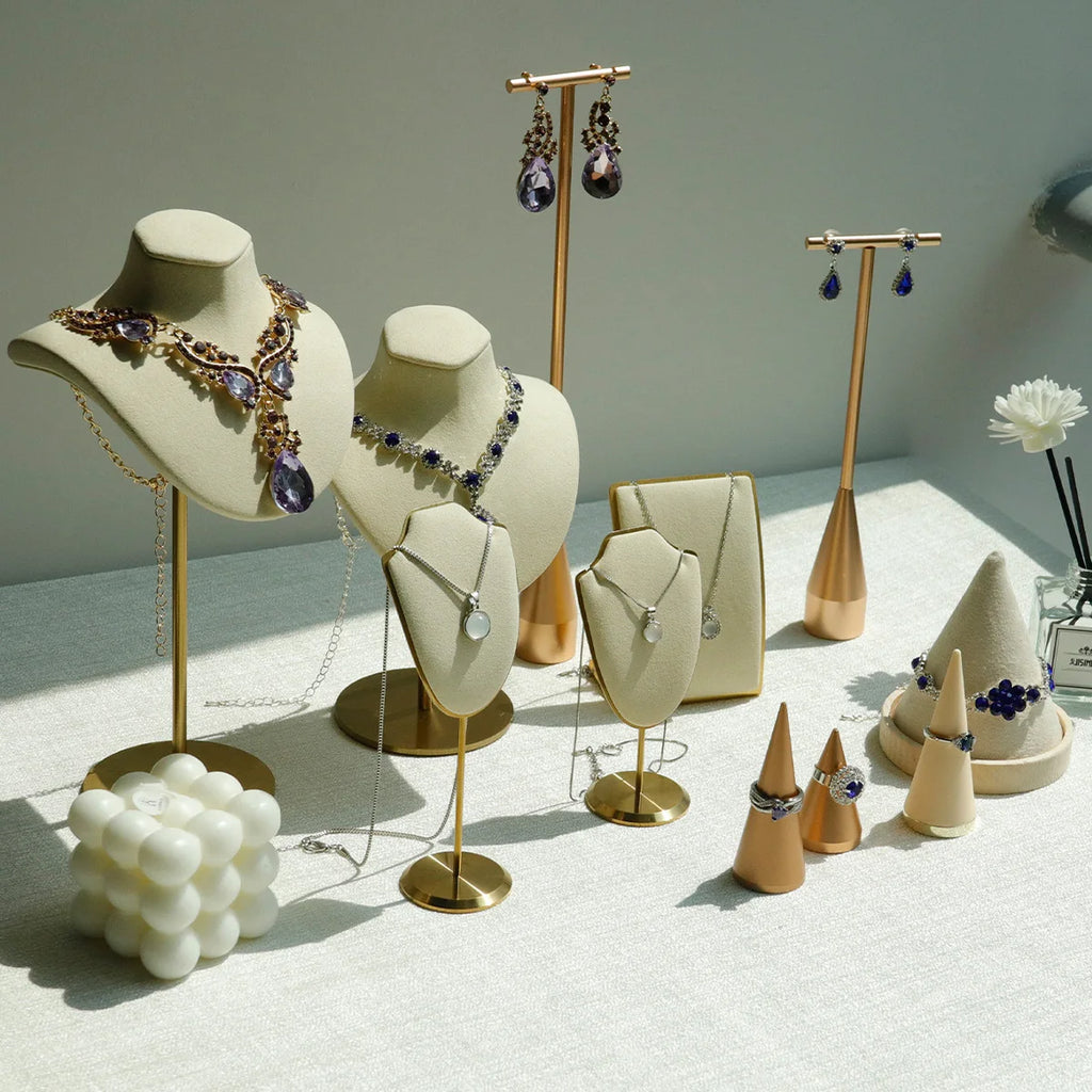 Beige Jewelry Display Props with Metal Base Earring Necklace Organizer Holder Jewelry Counter Earrings Rings Display Stand