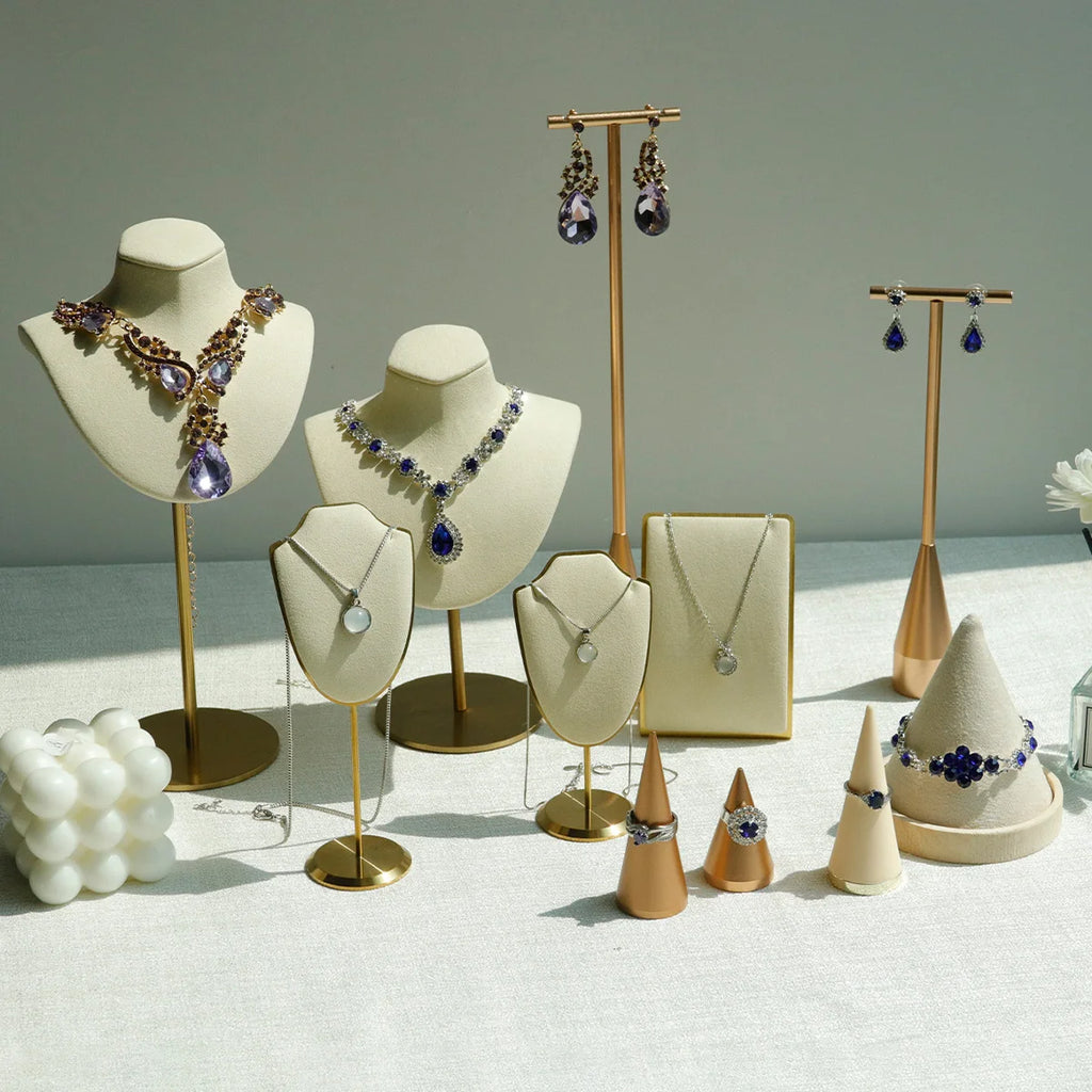 Beige Jewelry Display Props with Metal Base Earring Necklace Organizer Holder Jewelry Counter Earrings Rings Display Stand