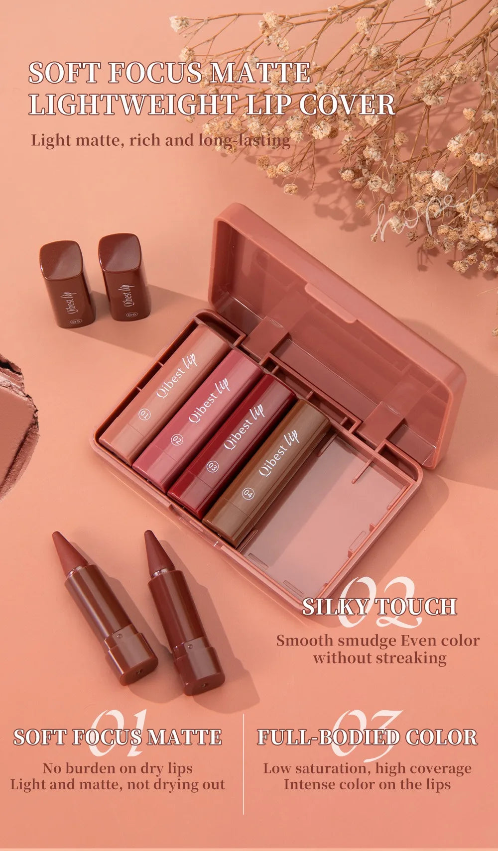 6PCS Ensemble de crayons de rouge à lèvres mats qui durent Twist-Up