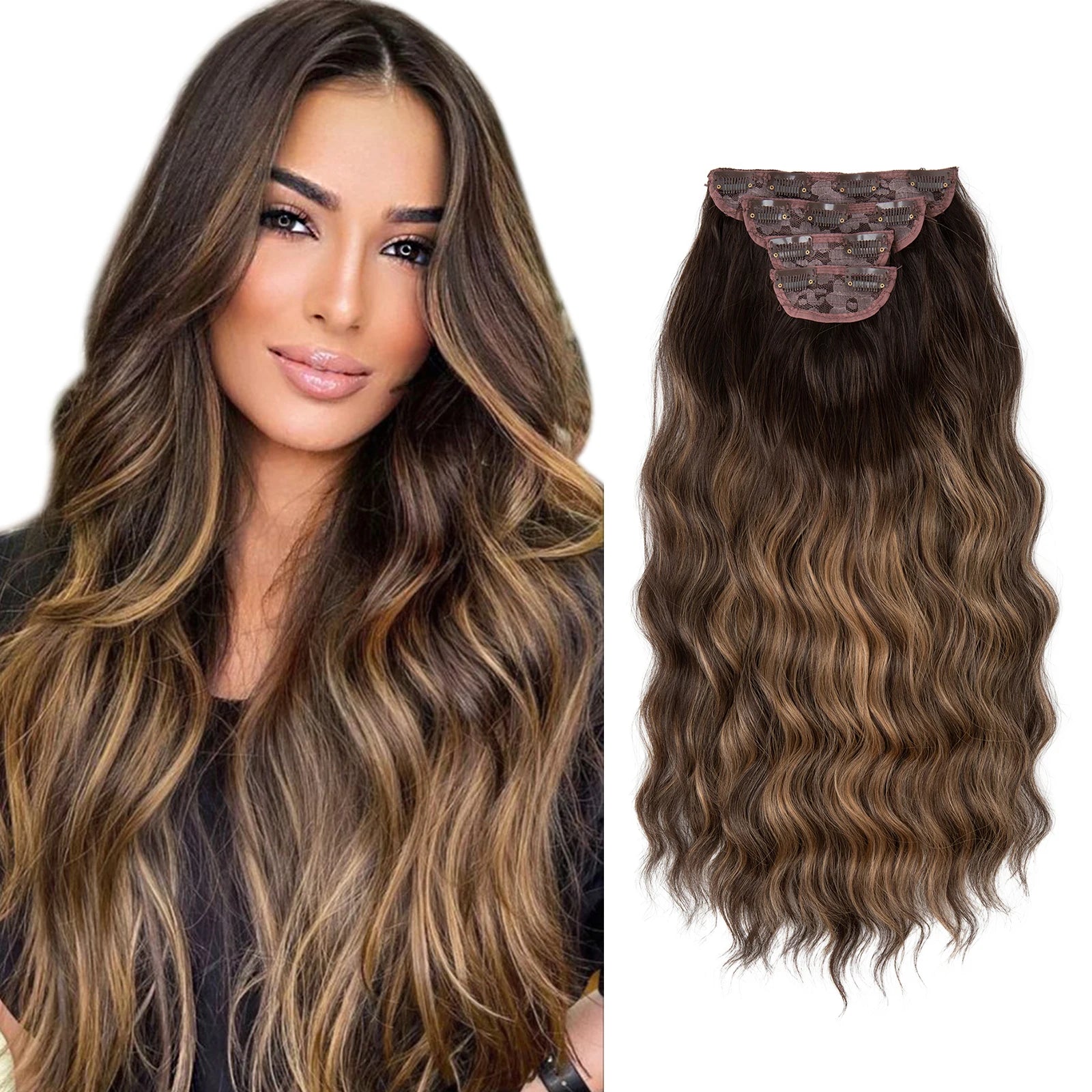 4pcs/set Synthétique Long Wave Clip In Hair Extensions 22 » Thick Hairpiece For Women Brown Blonde Black Natural Fake Hair