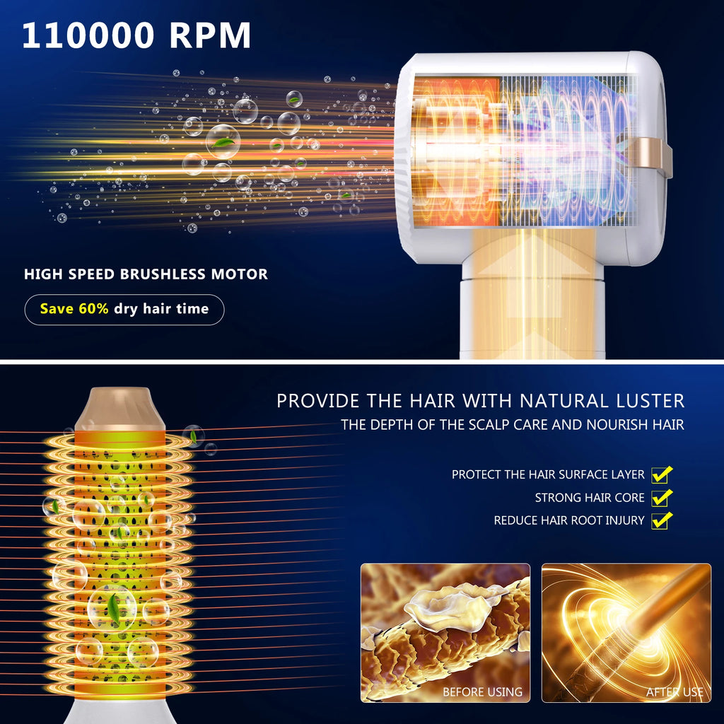 Brosse de sèche-cheveux 7 en 1 sans brosse Sèche-cheveux à grande vitesse avec diffuseur Sèche-cheveux ionique Peigne de coiffage à air chaud Bigoudis automatique