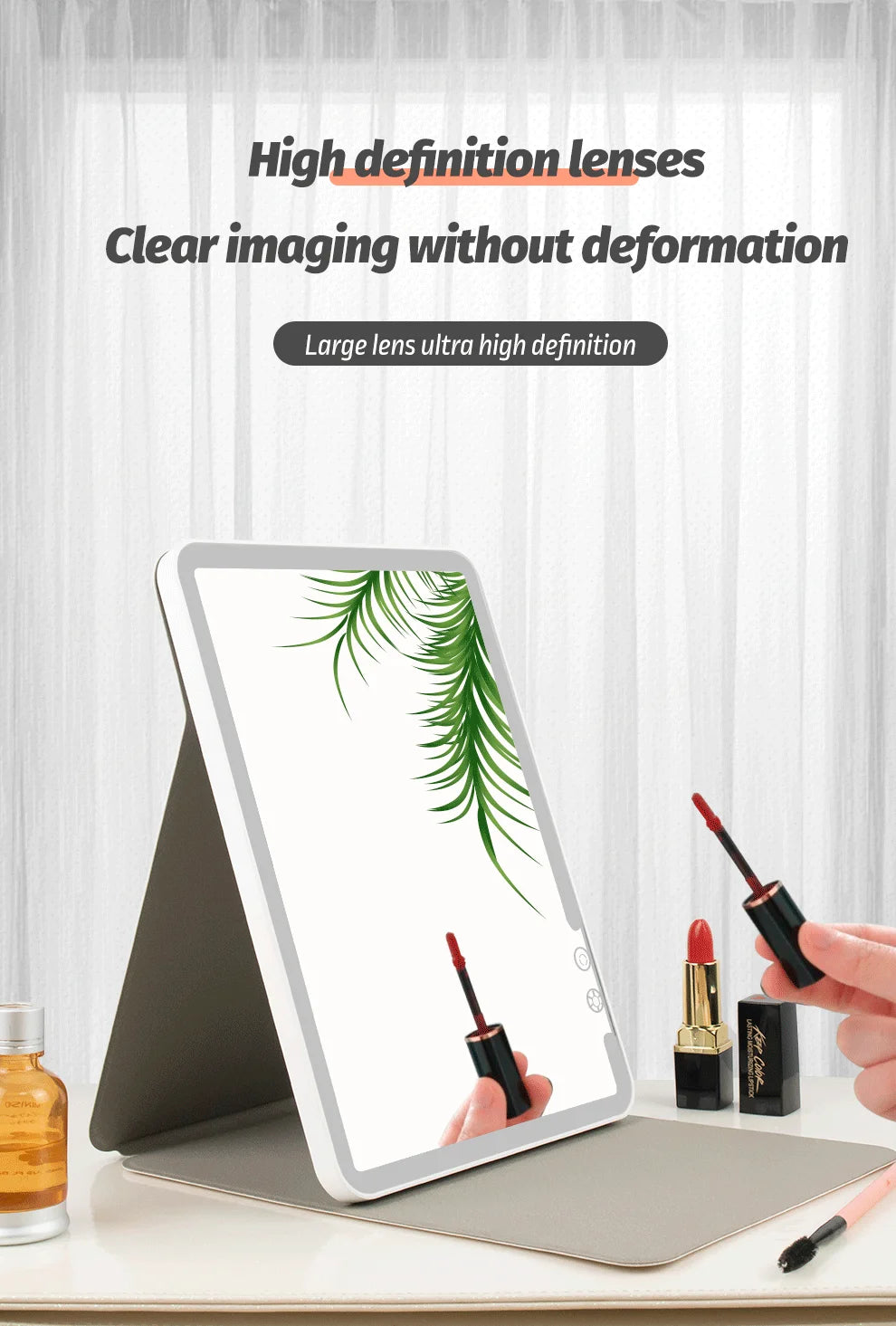 Makeup Mirror Foldable Portable 3-Color Dimmable Lighting Rechargeable Tabletop Folding Vanity Cosmetic Mirror with LED Lights