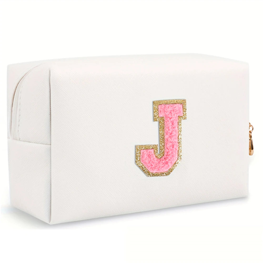 Initial letter patch makeup bag, Preppy portable zipper bag, PU leather waterproof travel wash bag,letter women's handbag-ll-LJX