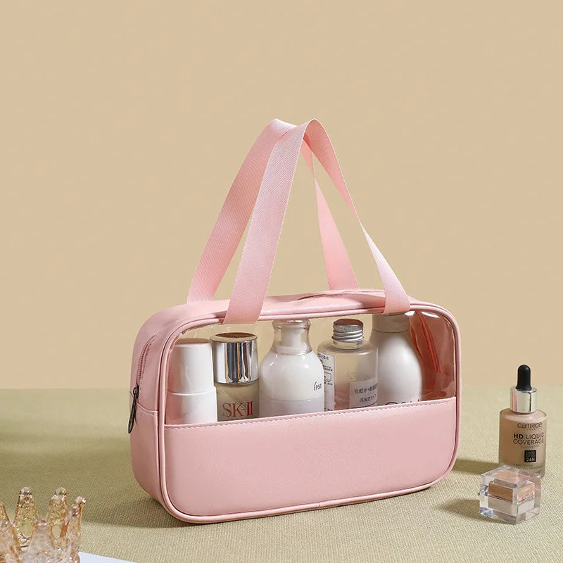 New transparent makeup bag Large capacity waterproof swimming and bathing bag Simple PVC handbag PU splicing bag wash bag