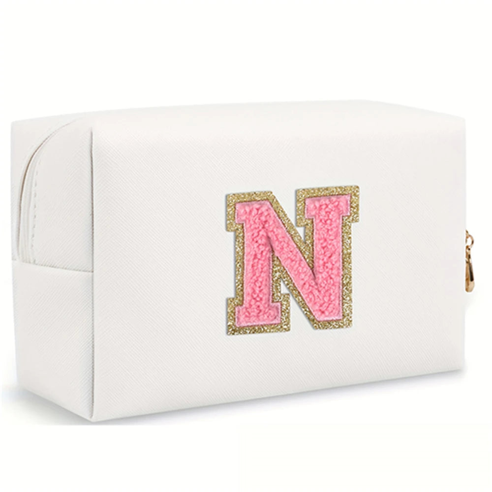 Initial letter patch makeup bag, Preppy portable zipper bag, PU leather waterproof travel wash bag,letter women's handbag-ll-LJX