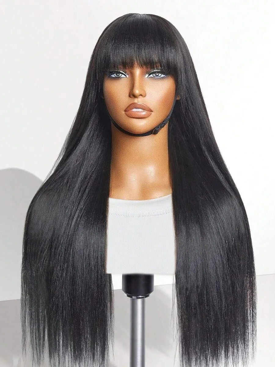 Bone Straight Human Hair Full Machine Made Wigs With Bangs 30 Inch High Density Black Wig Glueless Brazilian Wigs On Sale Women