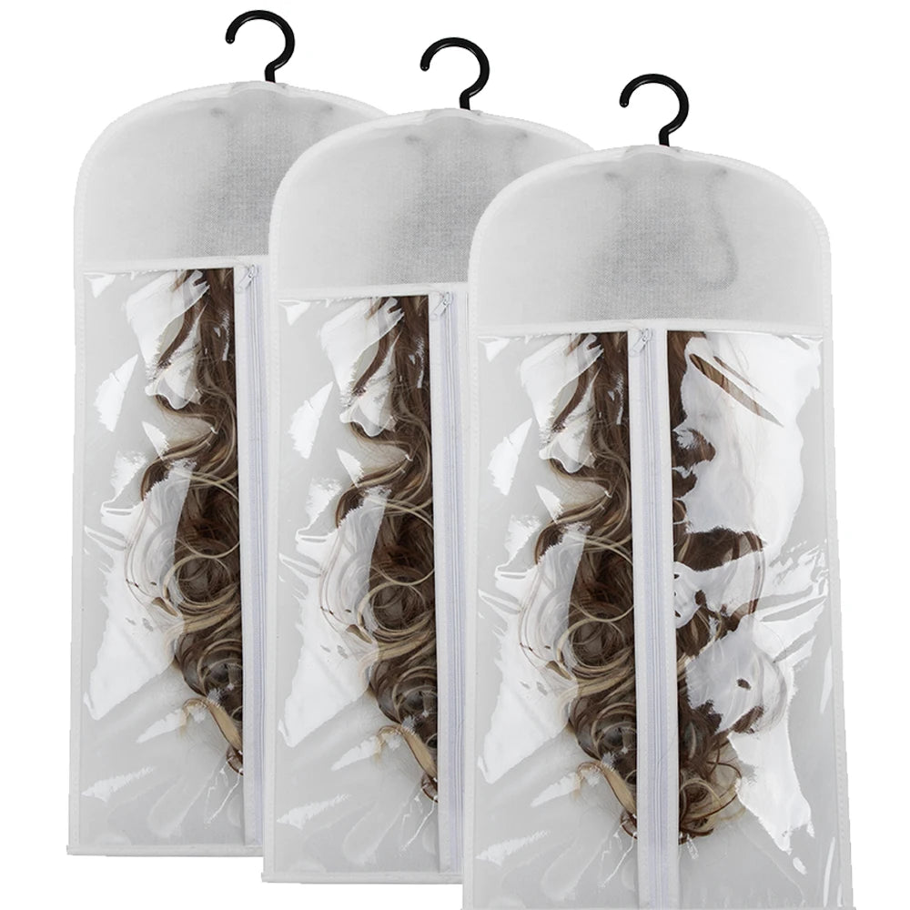 3pcs Premium Wig Storage Bags with Sturdy Metal Hangers - Black Transparent Design for Multiple Wigs & Hair Extensions