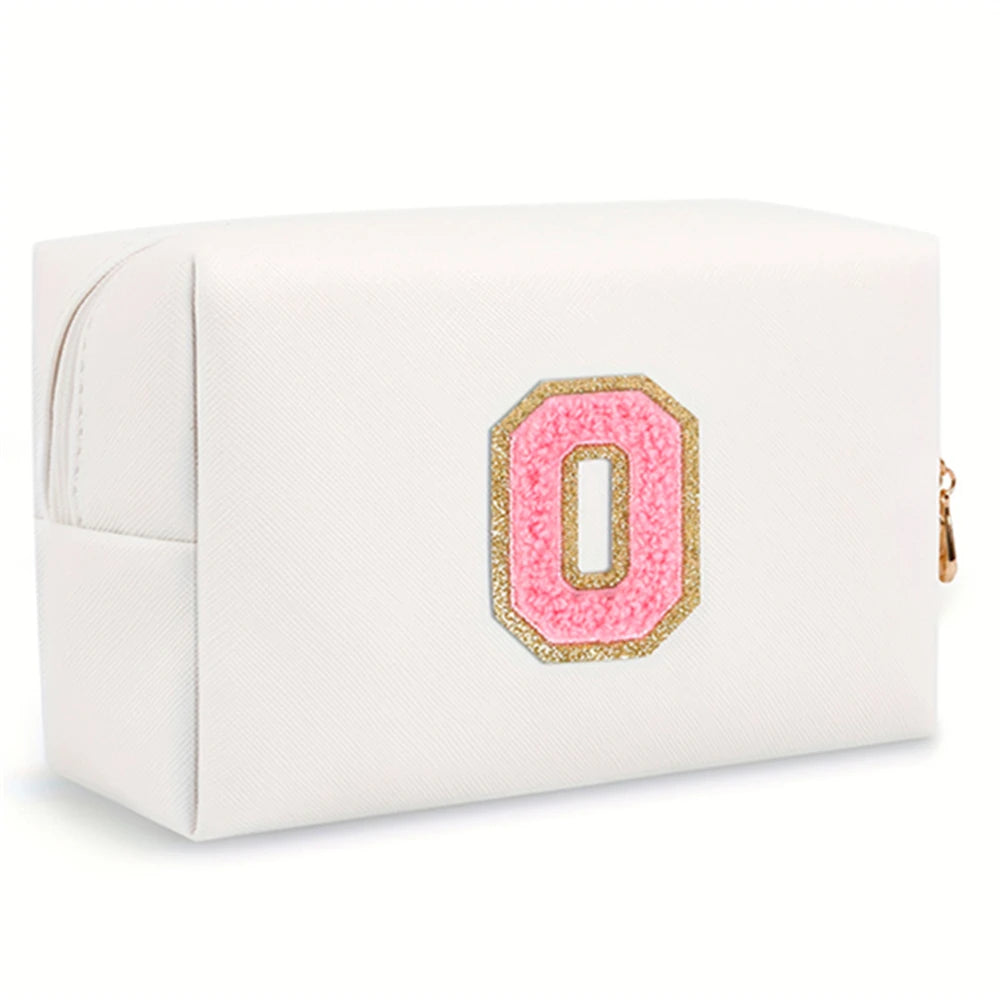 Initial letter patch makeup bag, Preppy portable zipper bag, PU leather waterproof travel wash bag,letter women's handbag-ll-LJX