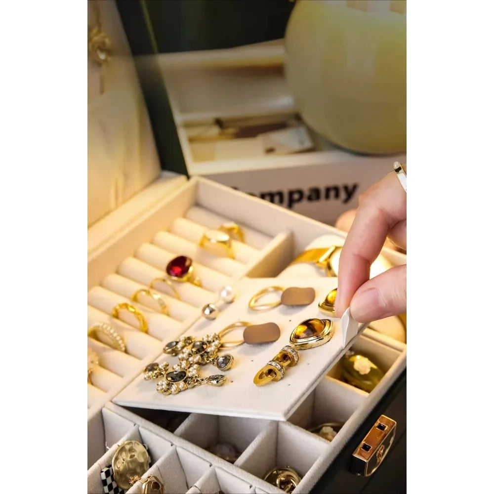 Large-capacity Three-layer Leather with Lock Jewelry Box Earrings Bracelet Jewelry Anti-dust Anti-oxidation Geling Storage Box
