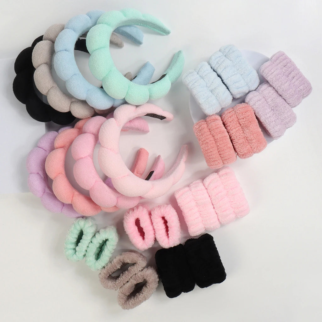 3Pcs Fashion Microfiber Washing Wristbands Scrunchies Puffy Headband Spa Bubble Headband for Washing Face Makeup Shower Skincare
