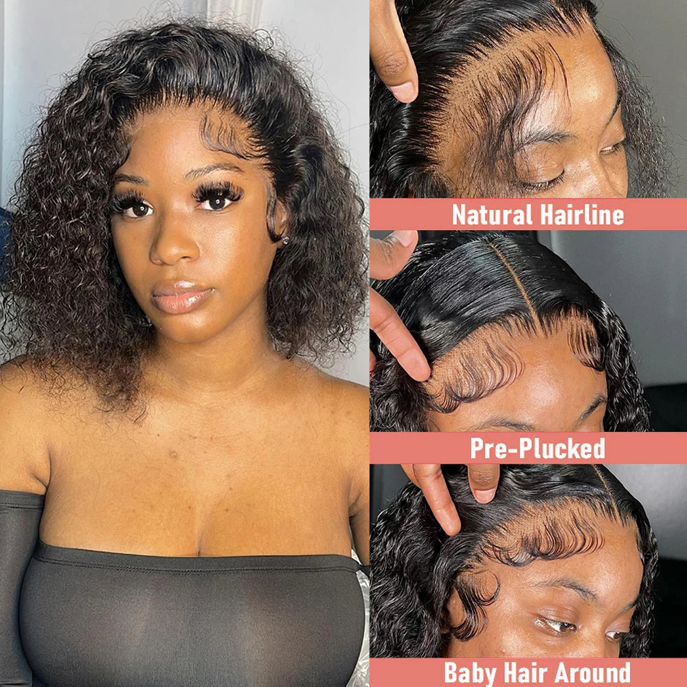 Brazilian Deep Water Wave Curly Bob 100% Human Hair Wigs Natural Black Deep Wave HD Lace Front 13x4 13x6 Transparent Lace Wigs