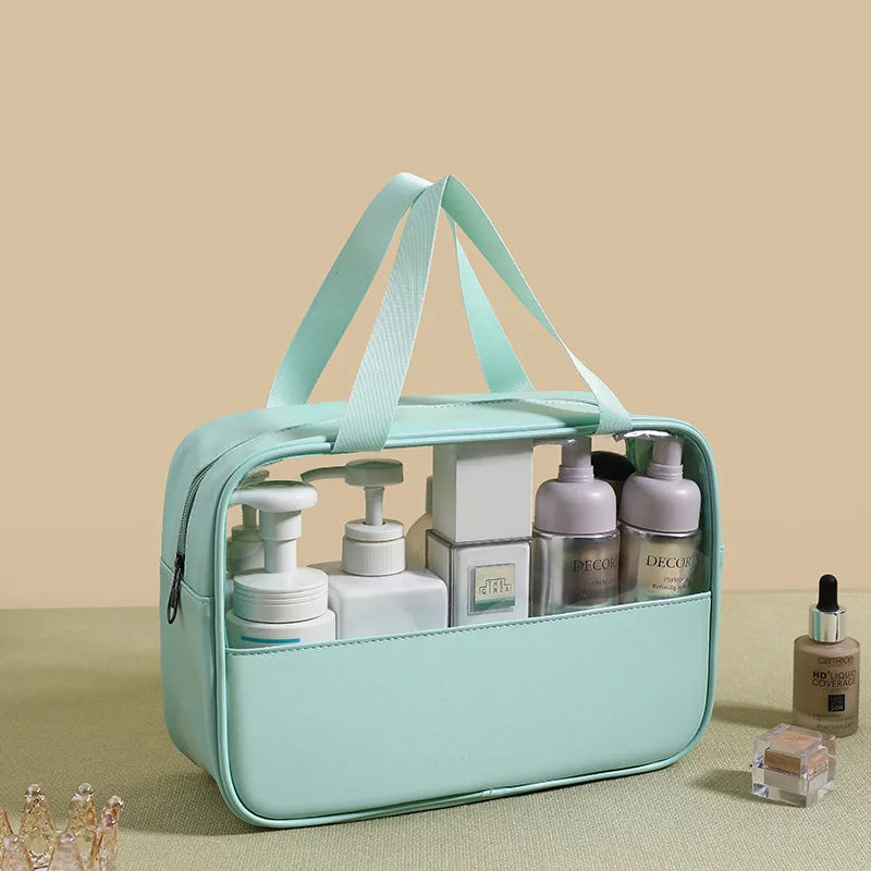 New transparent makeup bag Large capacity waterproof swimming and bathing bag Simple PVC handbag PU splicing bag wash bag