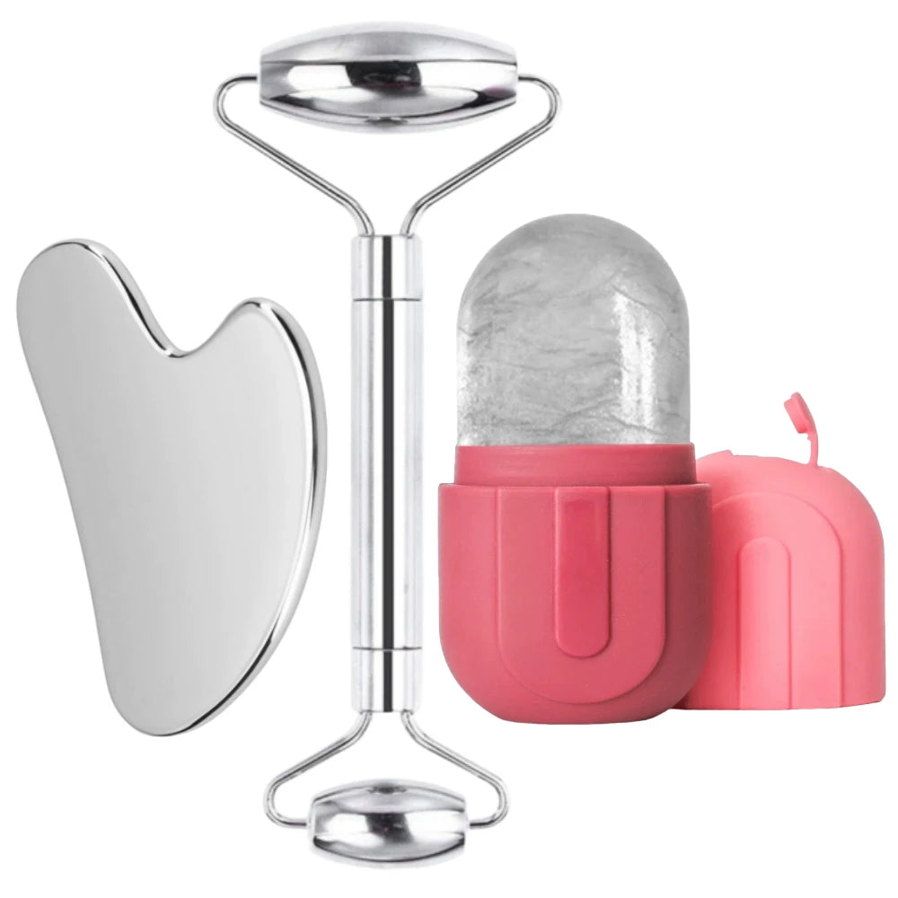 1/3PCS Face Ice Roller Stainless Steel Gua Sha Board Face Massage Roller Facial Massager Face Lifting Beauty Skin Care Tools