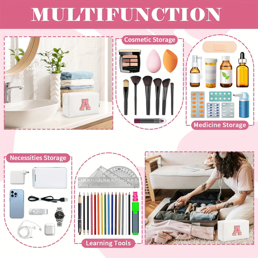 Initial letter patch makeup bag, Preppy portable zipper bag, PU leather waterproof travel wash bag,letter women's handbag-ll-LJX