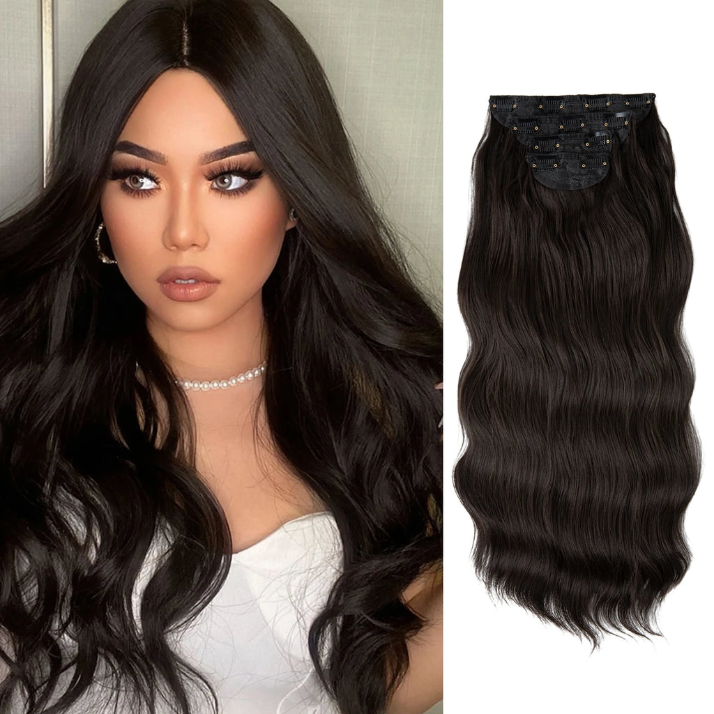 4pcs/set Synthétique Long Wave Clip In Hair Extensions 22 » Thick Hairpiece For Women Brown Blonde Black Natural Fake Hair