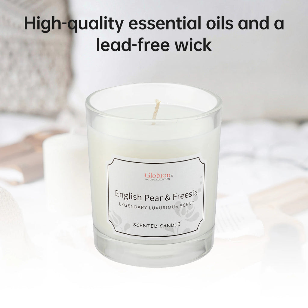 Scented Candle English Pear and Freesia Aromatherapy Candle Glass Jar + Lid 7oz for Home 45 Hours Burn Time Gift for Birthday