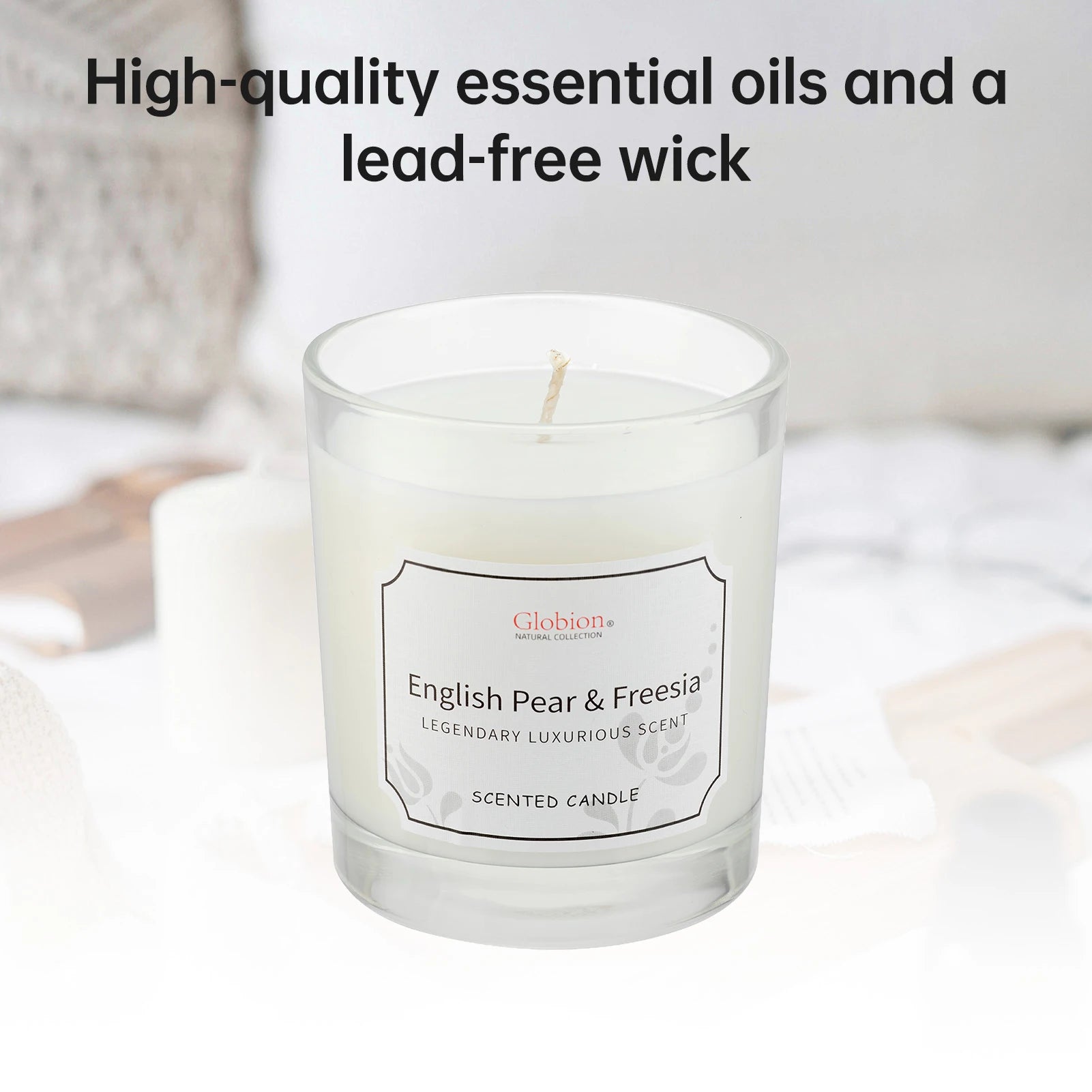 Scented Candle English Pear and Freesia Aromatherapy Candle Glass Jar + Lid 7oz for Home 45 Hours Burn Time Gift for Birthday