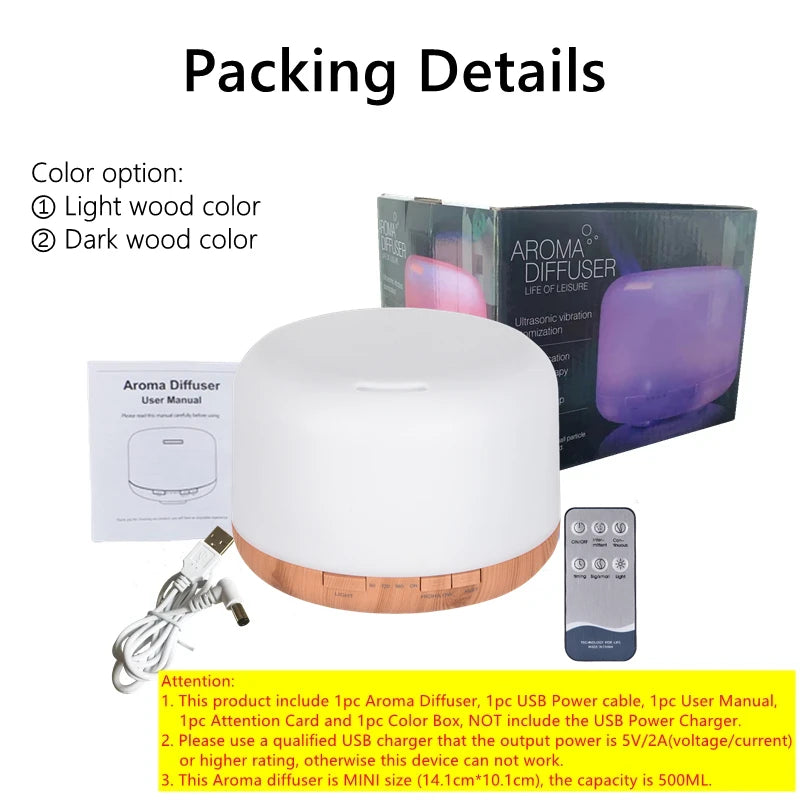 500ML USB Wood Grain Aroma Diffuser, Essential Oil Diffuser, Air Humidifier with Remote Control, Colorful Night Lights For Home