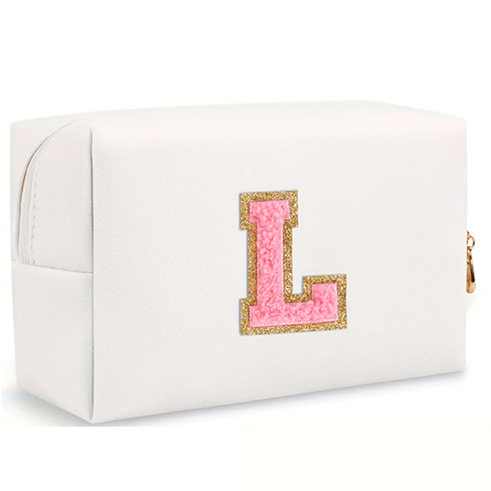 Initial letter patch makeup bag, Preppy portable zipper bag, PU leather waterproof travel wash bag,letter women's handbag-ll-LJX
