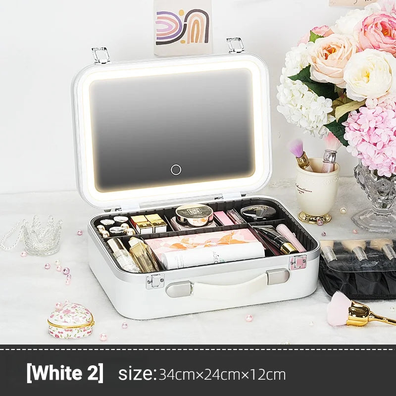 Large Capacity LED Lighted Makeup Case With Mirror Portable Detachable Cosmetic Storage Box Travel Makeup Box Cosmetic Bag