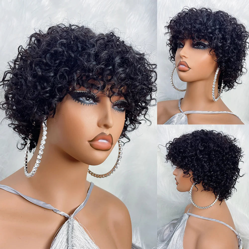 Perruques de cheveux humains Pixie Cut pour femmes noires Afro Rose Curly Funmi Glueless Perruques avec frange Court Boulissant Curly Bob Perruque avec frange