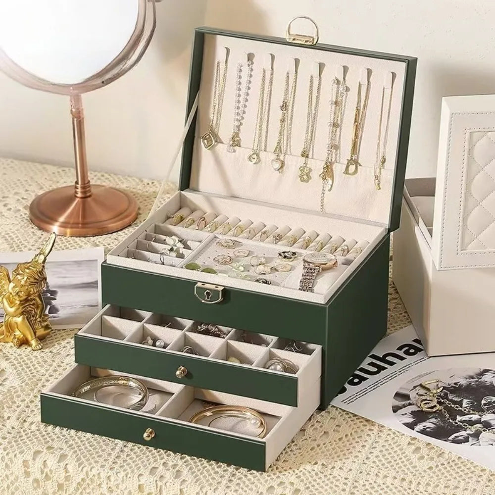 Large-capacity Three-layer Leather with Lock Jewelry Box Earrings Bracelet Jewelry Anti-dust Anti-oxidation Geling Storage Box