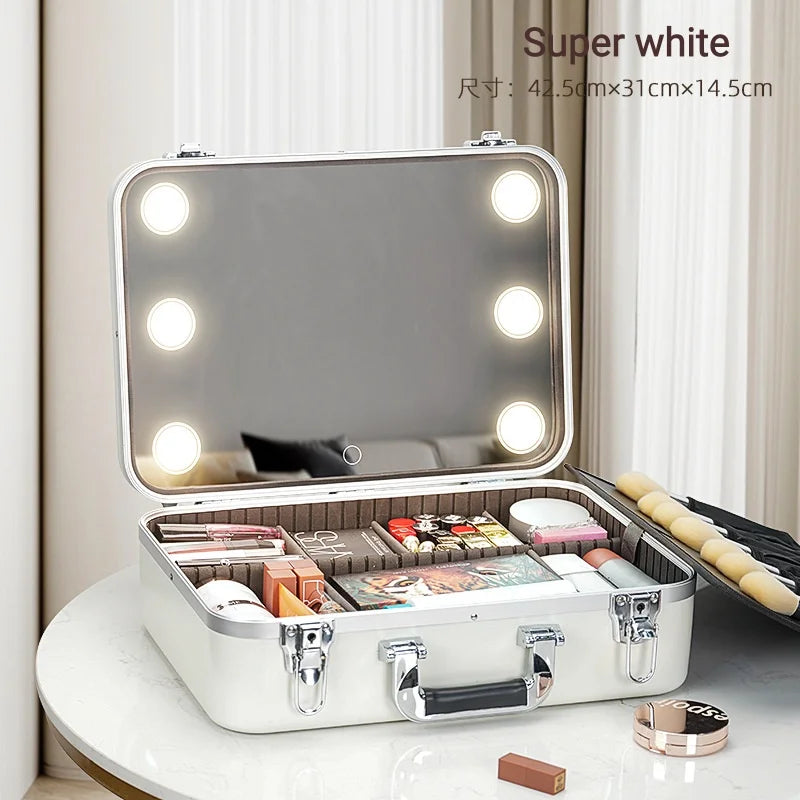 Large Capacity LED Lighted Makeup Case With Mirror Portable Detachable Cosmetic Storage Box Travel Makeup Box Cosmetic Bag