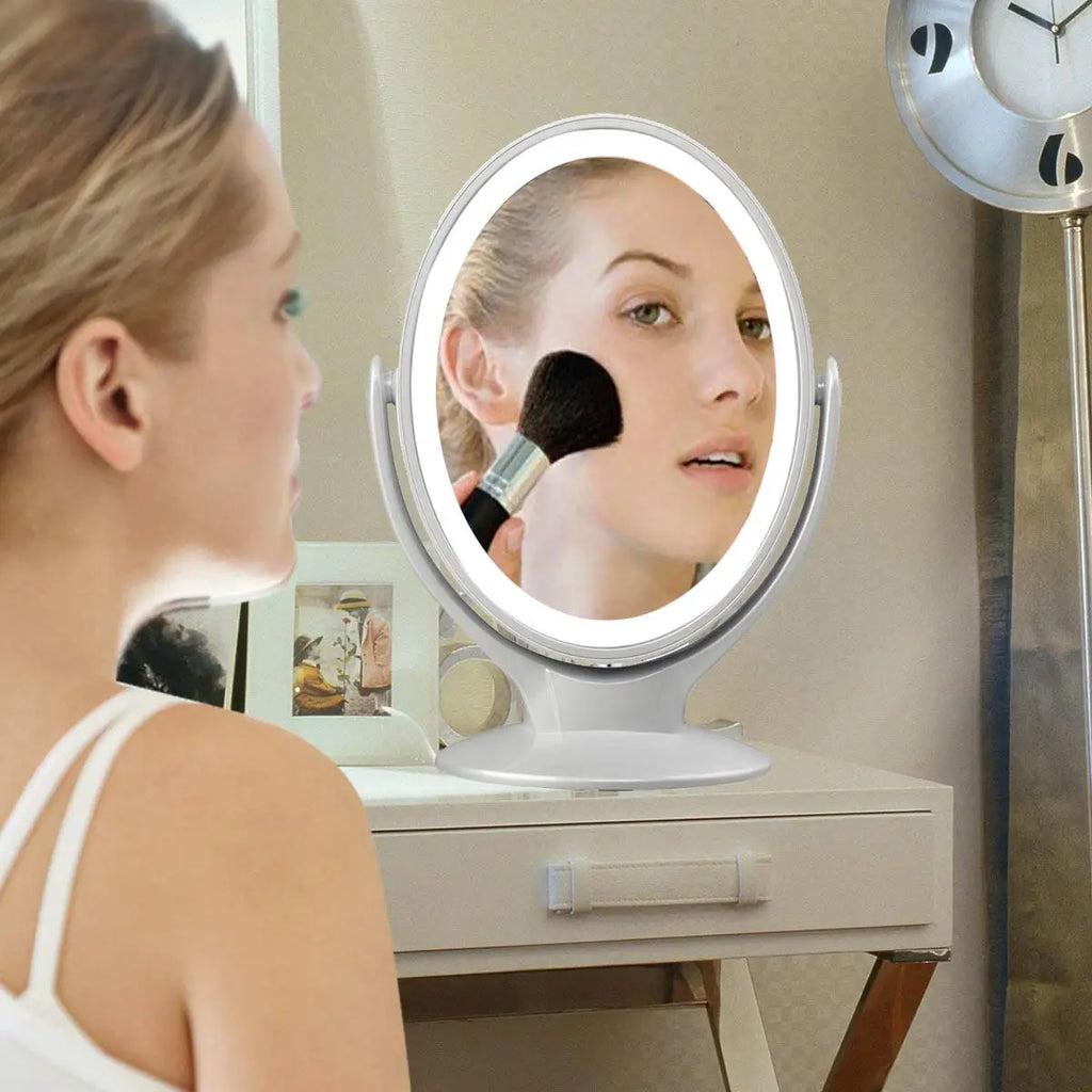 LED  Cosmetic Mirror With Lights Double-Sided Makeup Mirror 7X Magnifying Rechargeable 360° Rotating Freestanding Portable