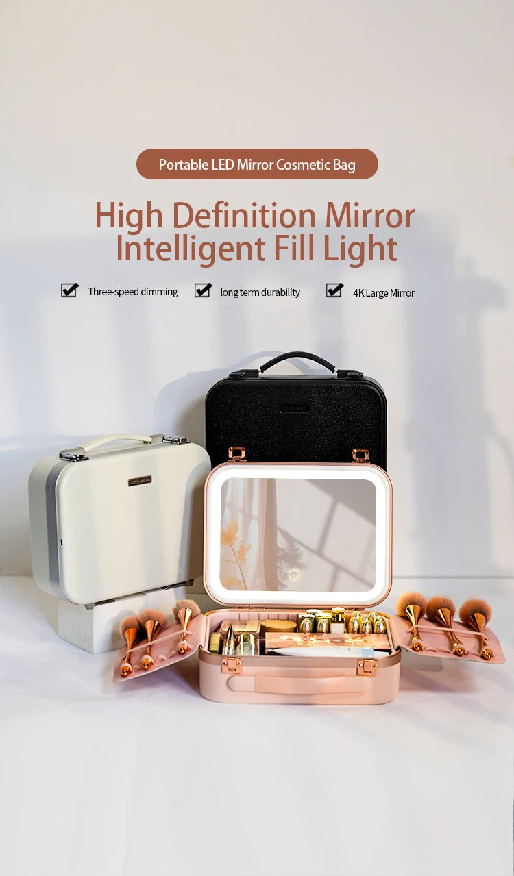 Large Capacity LED Lighted Makeup Case With Mirror Portable Detachable Cosmetic Storage Box Travel Makeup Box Cosmetic Bag