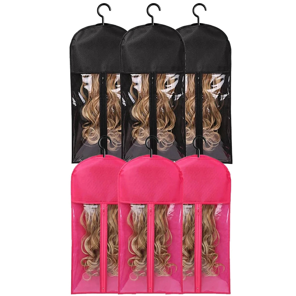 3pcs Premium Wig Storage Bags with Sturdy Metal Hangers - Black Transparent Design for Multiple Wigs & Hair Extensions