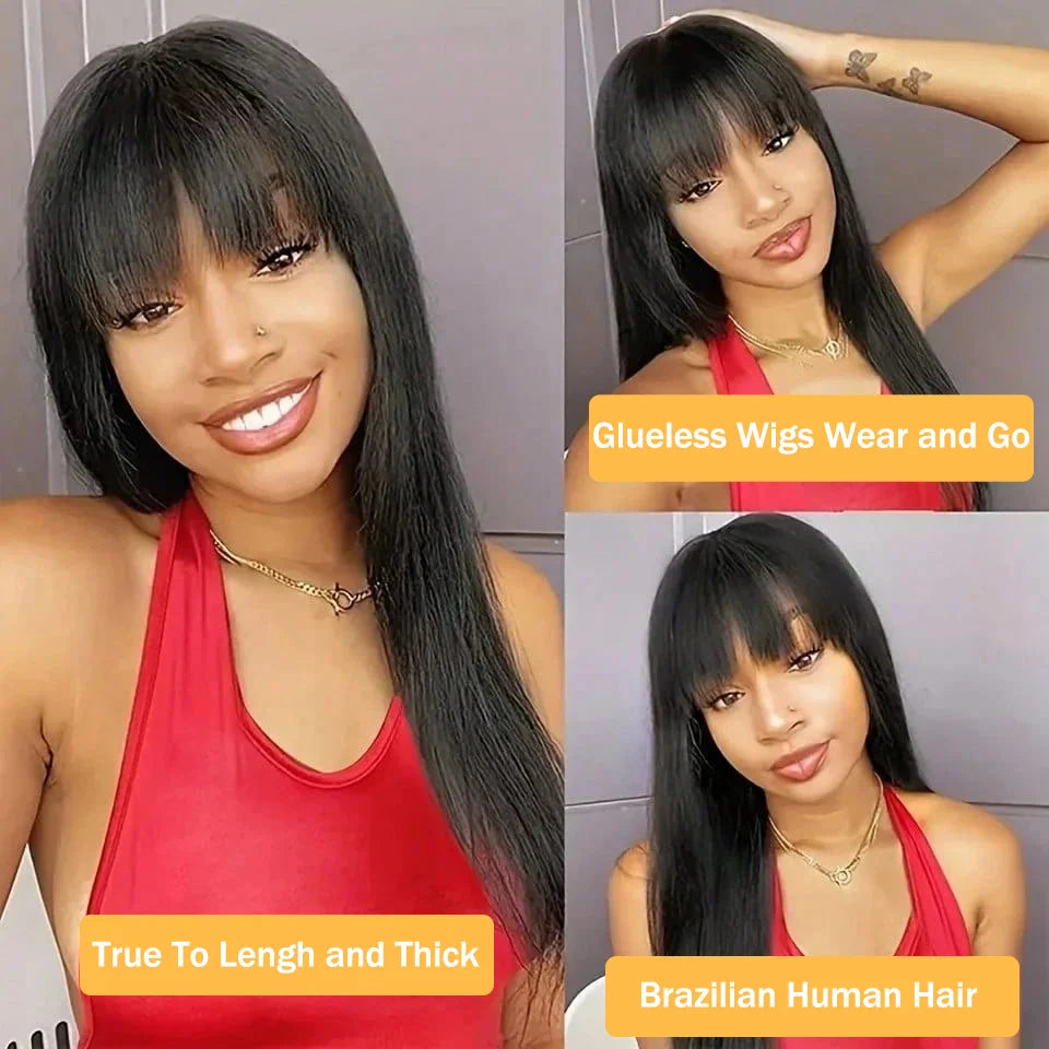 Bone Straight Human Hair Full Machine Made Wigs With Bangs 30 Inch High Density Black Wig Glueless Brazilian Wigs On Sale Women