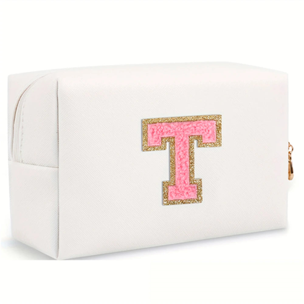 Initial letter patch makeup bag, Preppy portable zipper bag, PU leather waterproof travel wash bag,letter women's handbag-ll-LJX