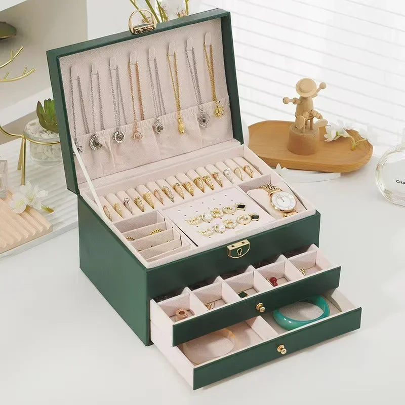 Three Layers New Retro High Quality Pu Jewelry Box With Necklace Hook Earrings Ring Bracelet Storage Case Green Colors