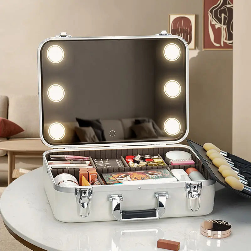 Large Capacity LED Lighted Makeup Case With Mirror Portable Detachable Cosmetic Storage Box Travel Makeup Box Cosmetic Bag