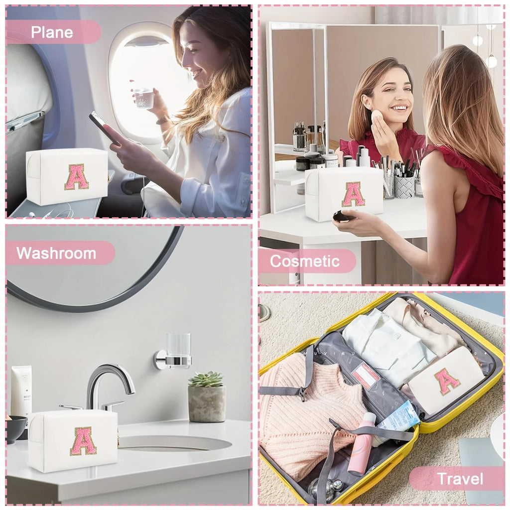 Initial letter patch makeup bag, Preppy portable zipper bag, PU leather waterproof travel wash bag,letter women's handbag-ll-LJX