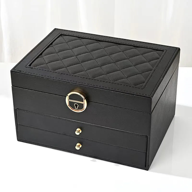 Large-capacity Three-layer Leather with Lock Jewelry Box Earrings Bracelet Jewelry Anti-dust Anti-oxidation Geling Storage Box