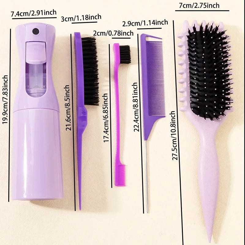 Ensemble de 5 brosses à cheveux Brosse à bonbons de massage doux avec peigne de contrôle de bord de bouteille de pulvérisation Brosse à queue de rat Kit d’outils de coiffure Salon