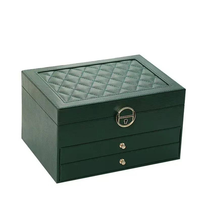 Three Layers New Retro High Quality Pu Jewelry Box With Necklace Hook Earrings Ring Bracelet Storage Case Green Colors