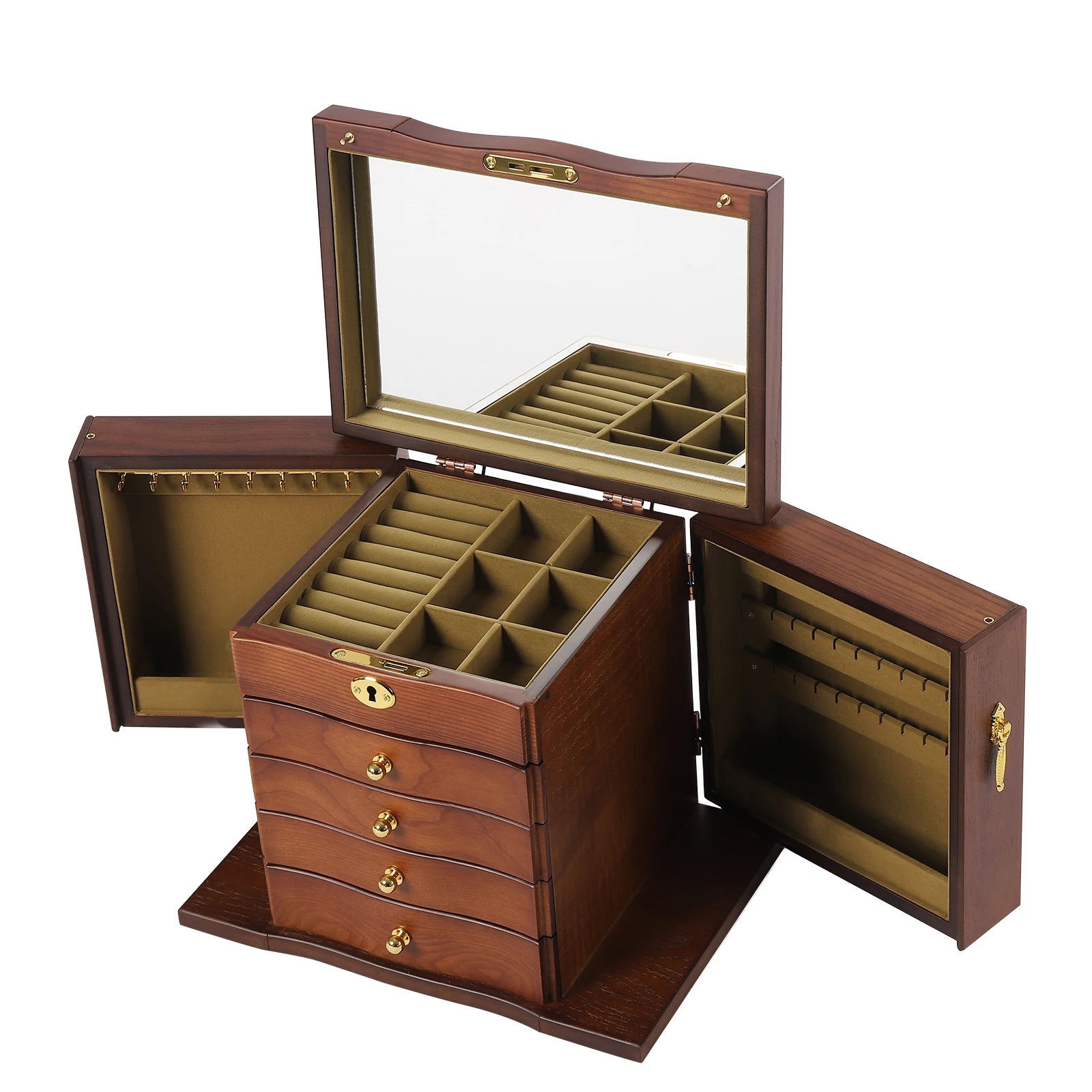 Wood Organizer Combo Lock Vintage Style Storage Box With Mirror, High Quality Wood Jewelry Necklace Chest Armoire Drawer