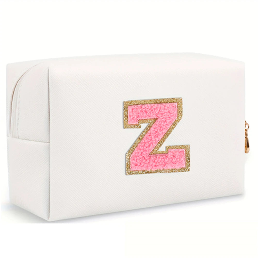 Initial letter patch makeup bag, Preppy portable zipper bag, PU leather waterproof travel wash bag,letter women's handbag-ll-LJX