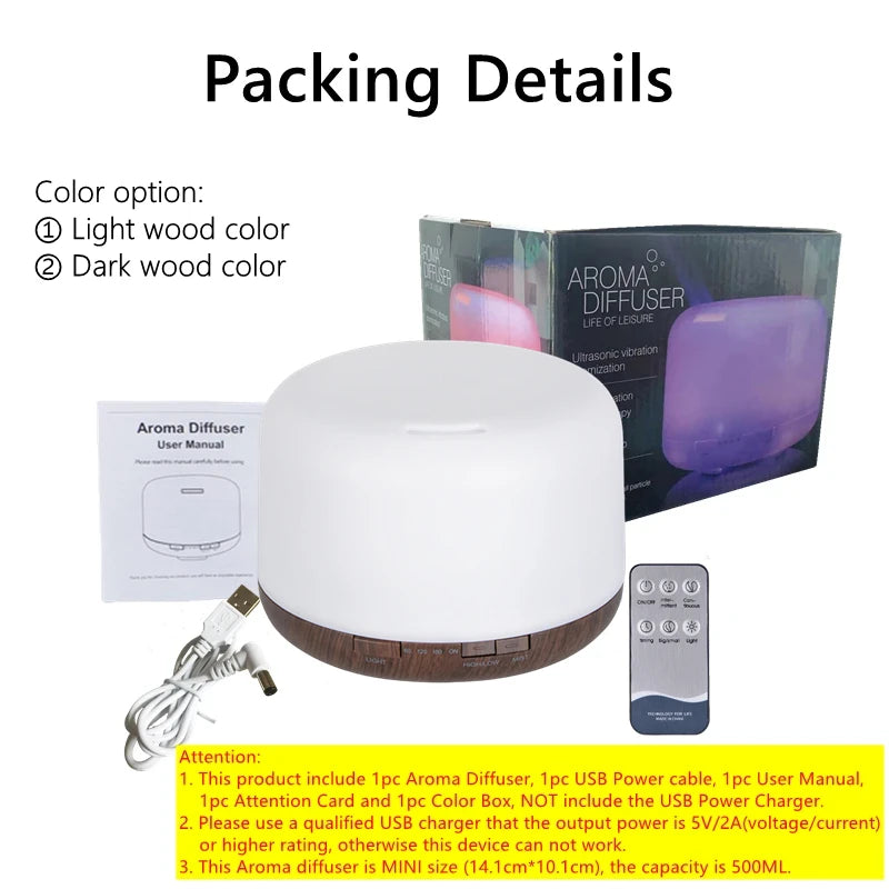 500ML USB Wood Grain Aroma Diffuser, Essential Oil Diffuser, Air Humidifier with Remote Control, Colorful Night Lights For Home