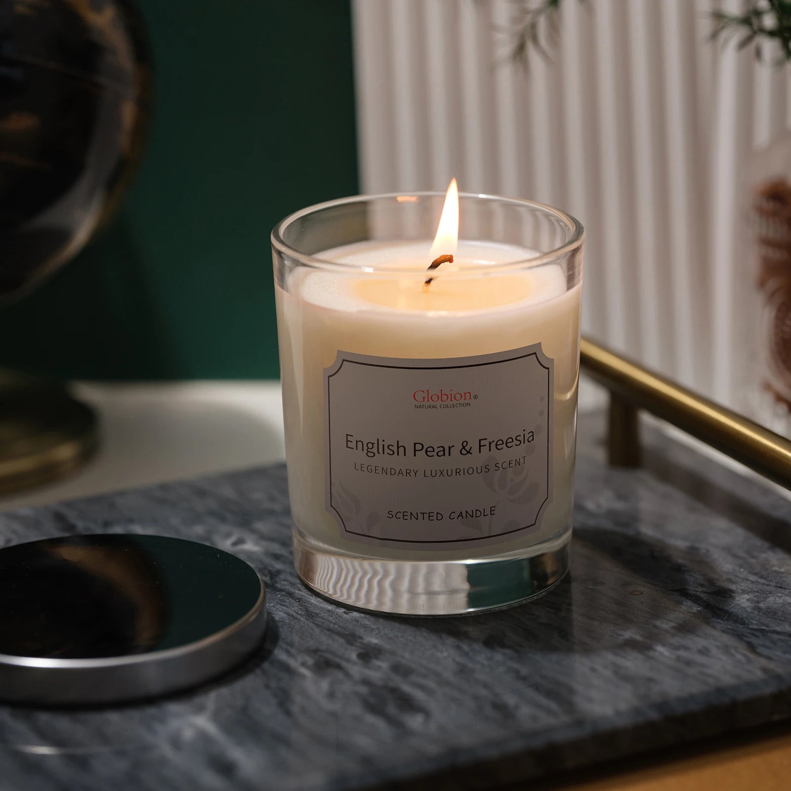 Scented Candle English Pear and Freesia Aromatherapy Candle Glass Jar + Lid 7oz for Home 45 Hours Burn Time Gift for Birthday