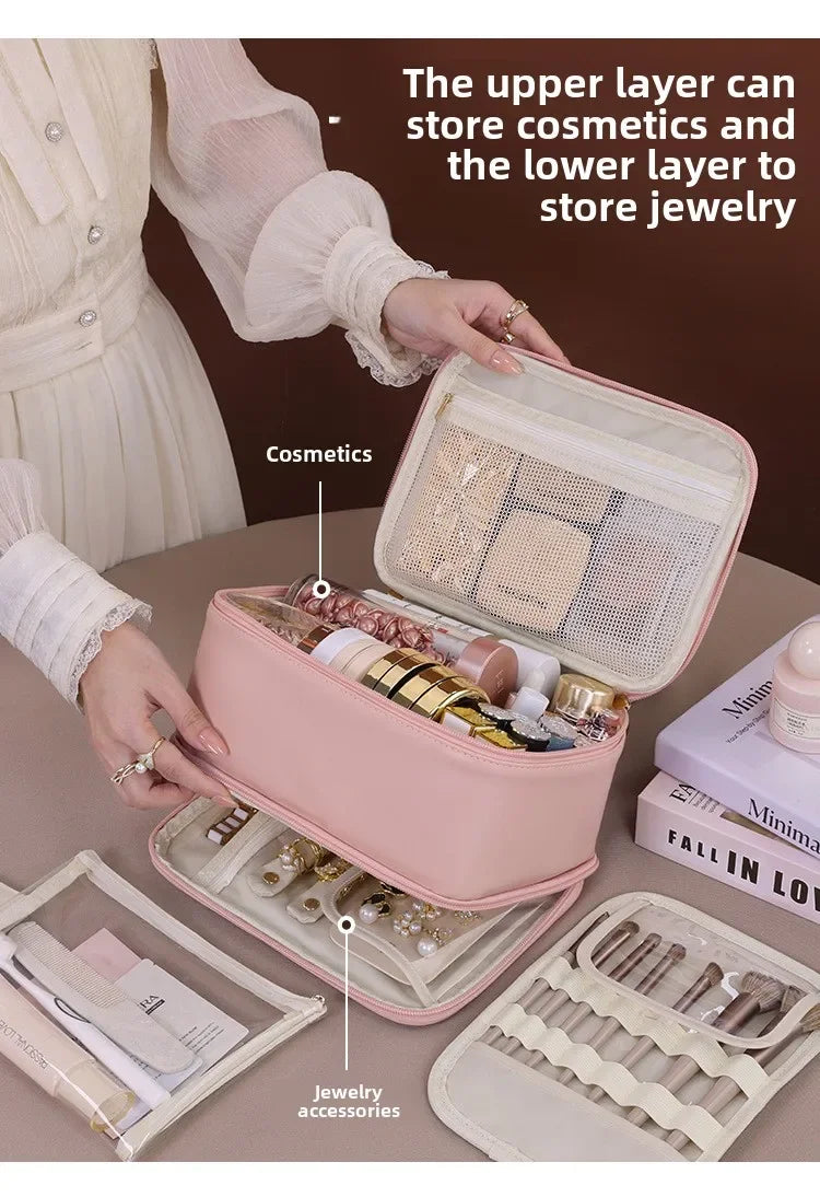 Sac cosmétique de luxe double couche sac de rangement de bijoux de cloison portable grande capacité organisateur de cosmétiques essentiels de voyage