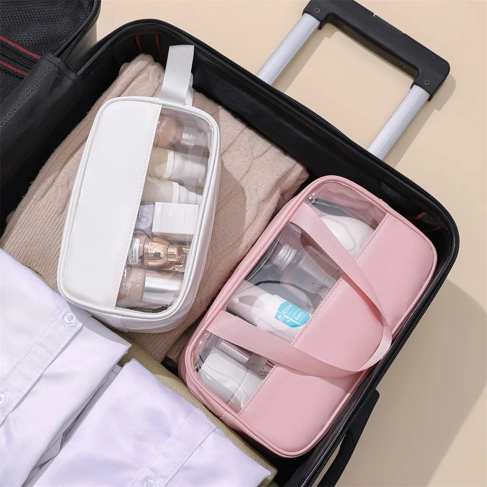 New transparent makeup bag Large capacity waterproof swimming and bathing bag Simple PVC handbag PU splicing bag wash bag